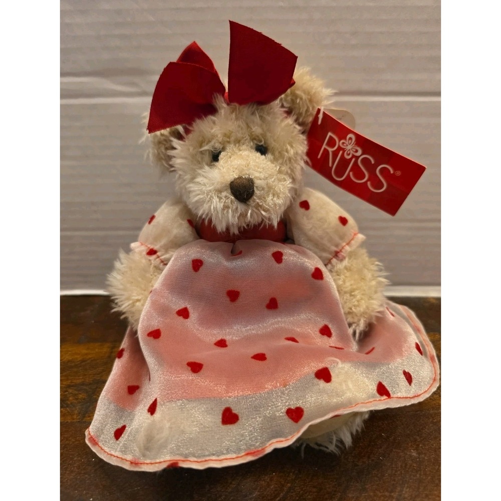 Vintage Russ Berrie Claudette Teddy Bear Plush Clothed Heart Dress Red Bow NWT